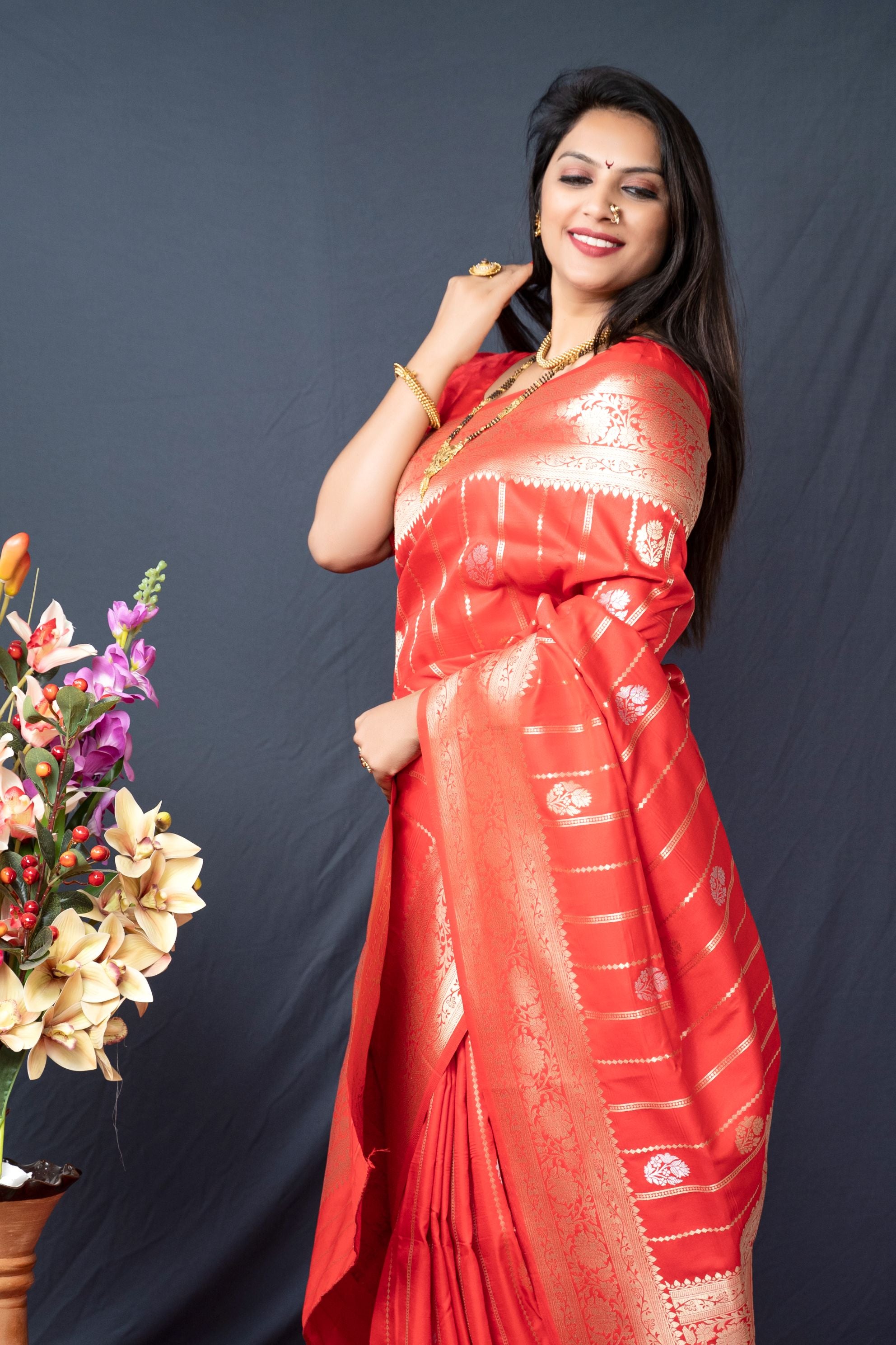 Red color Classy banarasi silk saree With lines bollyood vibes