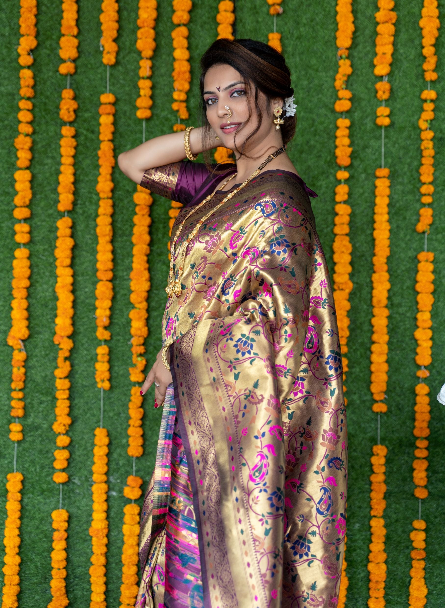 Purpal color bollywood saree with allover zari work