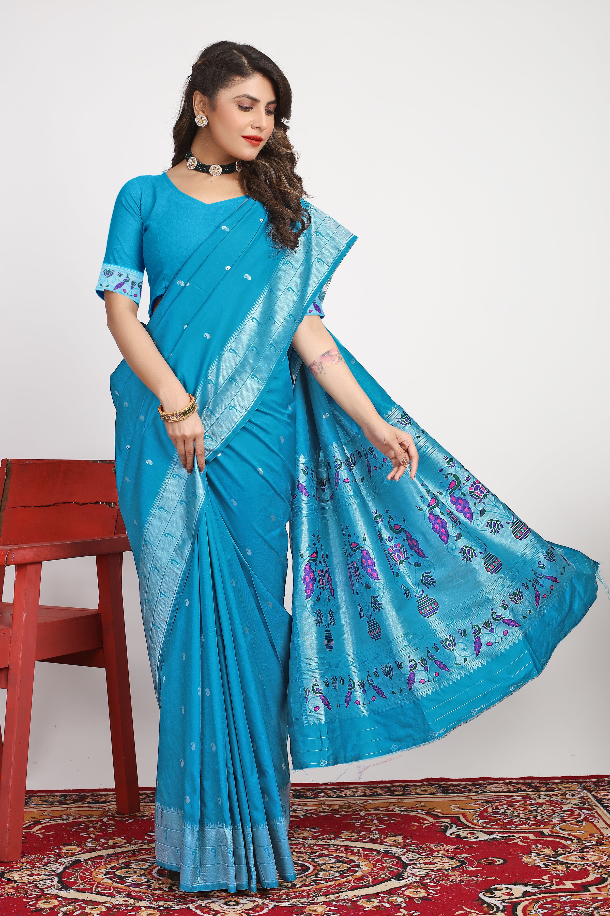 Rama Color Embellished Paithani Silk Sarees
