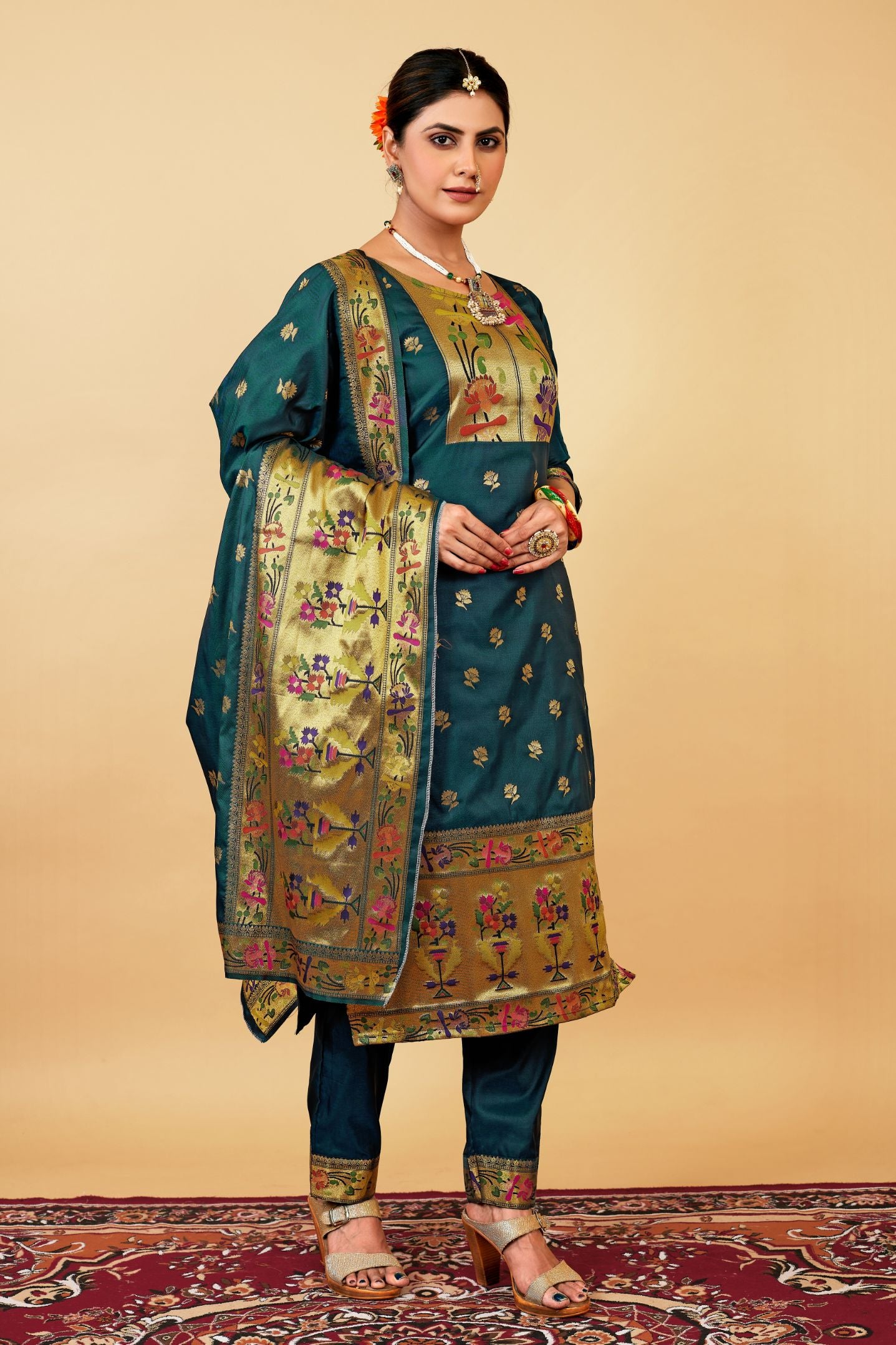Dark Rama Color Daily Wear dress material for suits in Paithani Style