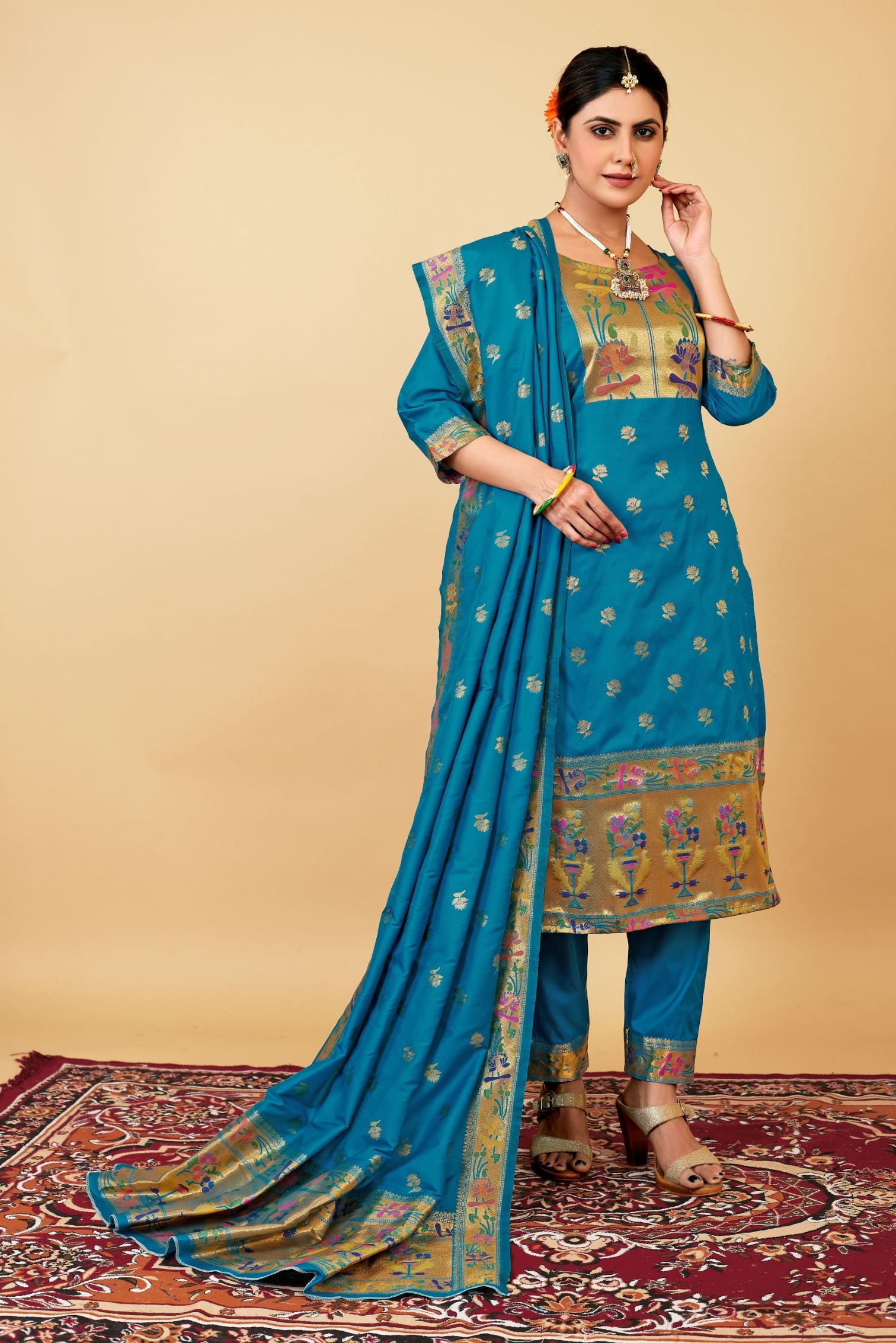 Rama Color Daily Wear dress material for suits in Paithani Style