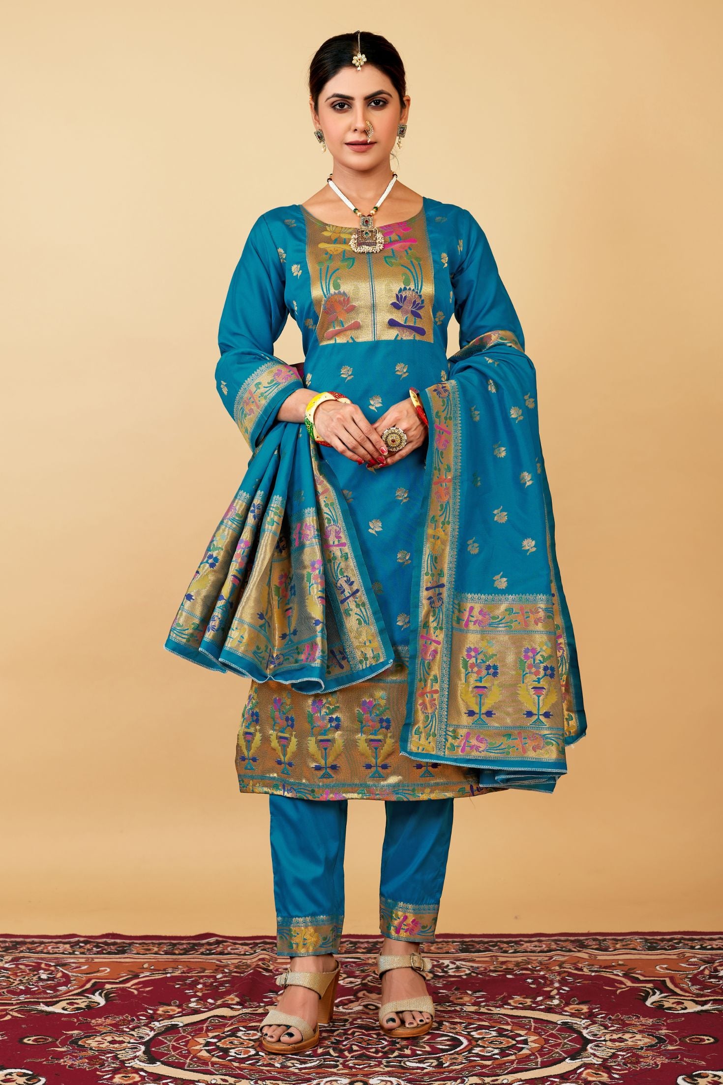 Rama Color Daily Wear dress material for suits in Paithani Style