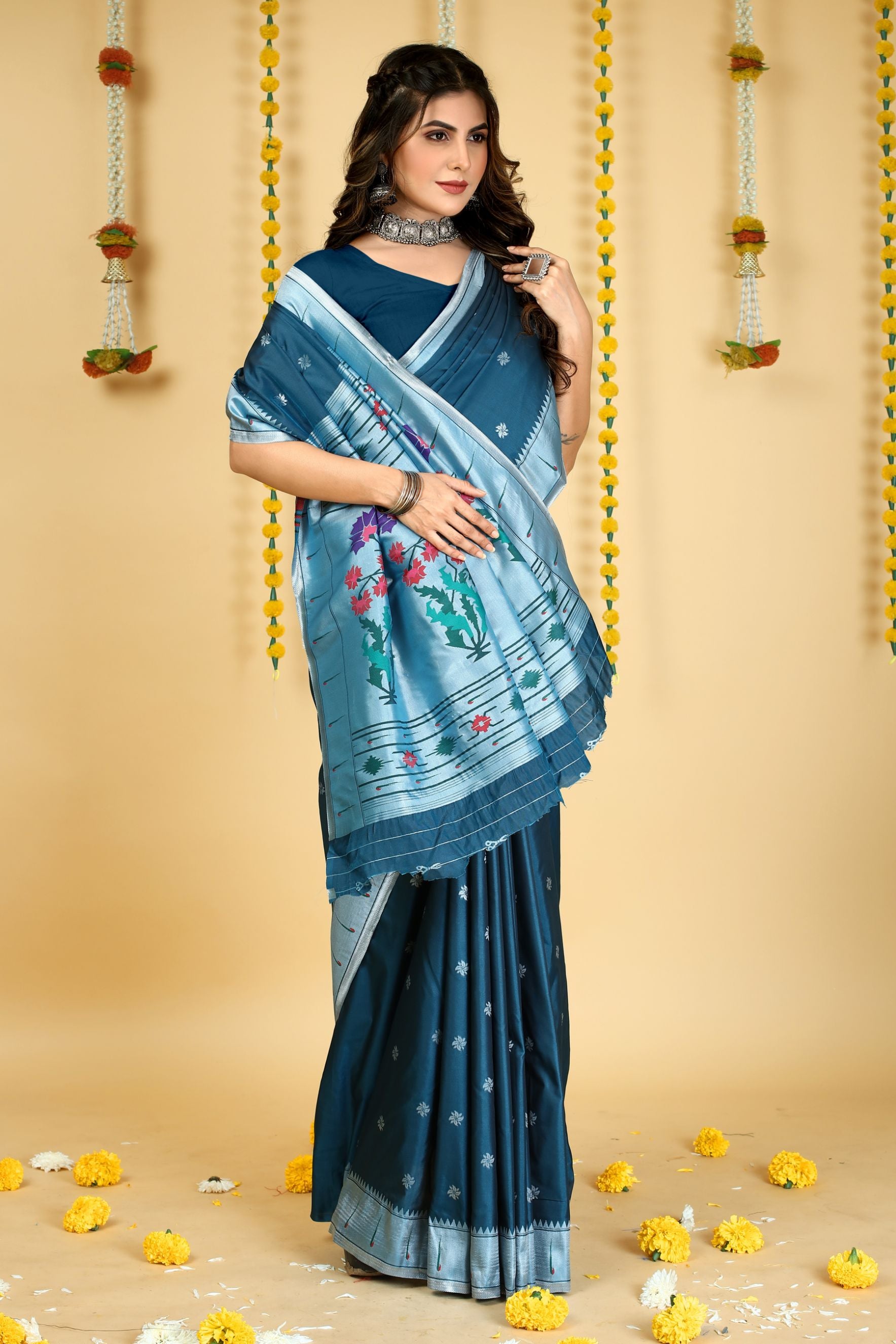 Rama Color Traditional Paithani Silk Sarees