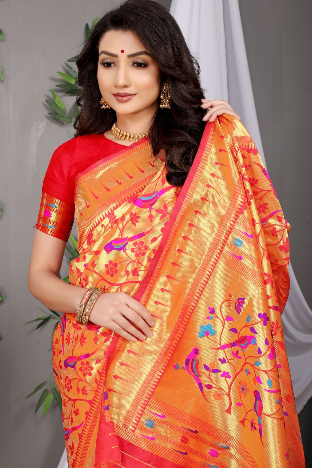 Red Toned Soft silk Paithani Saree and Gold Zari Weaving Work