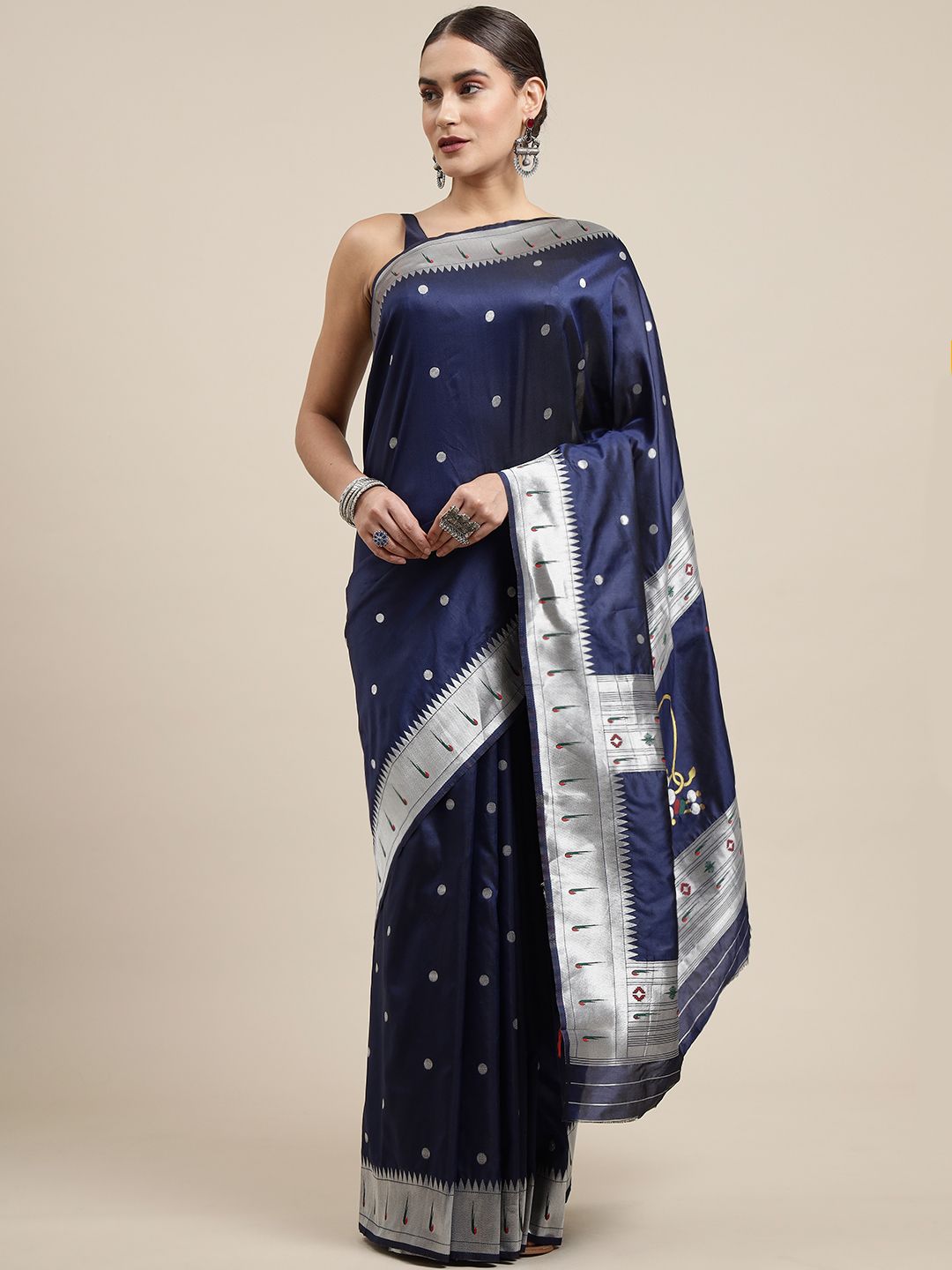 Navy blue Color Pure silk Paithani saree silver zari weaving work With Muniya Bodar And Gorgeous Nath Pallu & Blouse