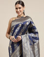 Navy Blue Color New Bollywood Collection Banarasi Silk Saree Silver And Gold Toned Zari Weaving Work With Blouse