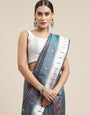 Steel Rama Color Pure silk Paithani saree silver zari weaving work With Muniya Bodar And Gorgeous Nath Pallu & Blouse