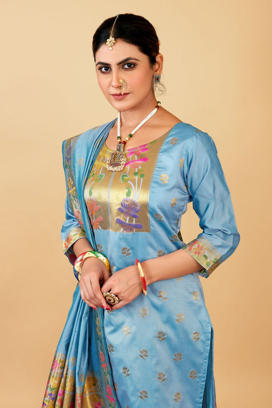 Paithani Silk With Zari Weaving Salwar Suit ( Unstitched ) Sea