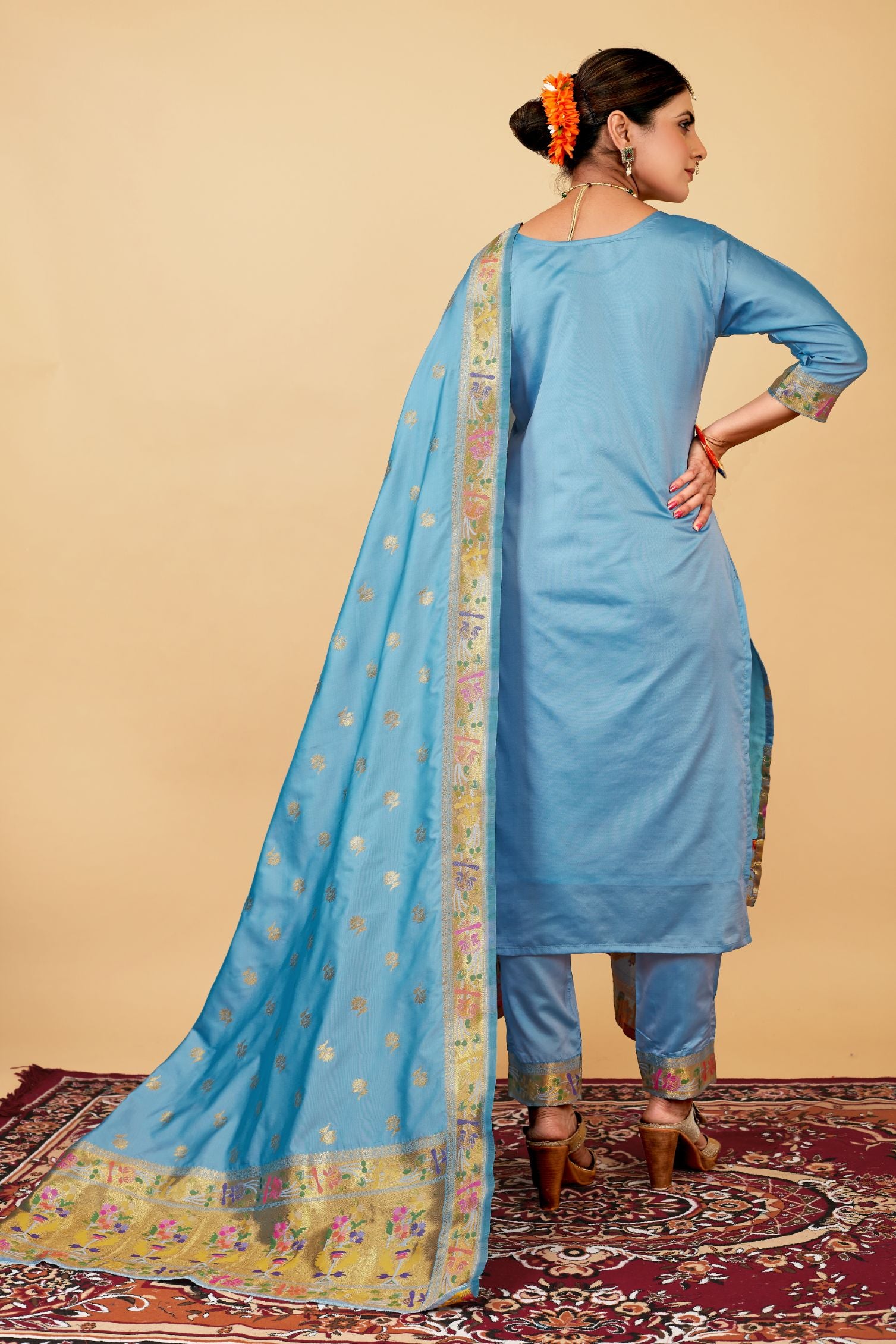 Sea Green Color Daily Wear dress material for suits in Paithani Style