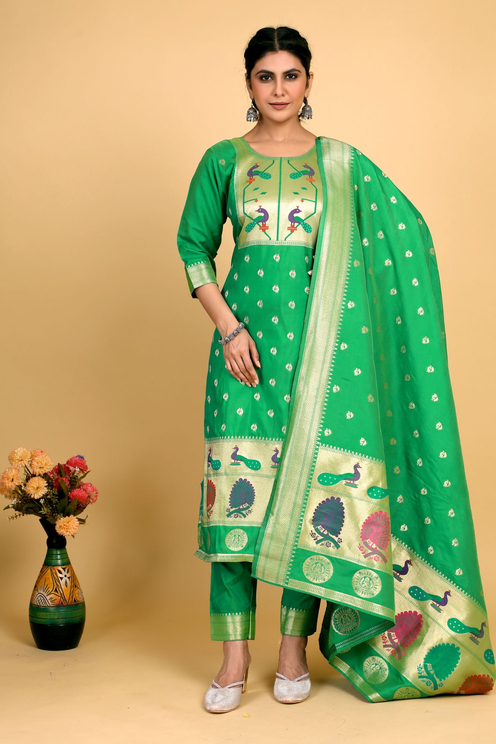 Green Color latest fashion Unstich suit dress material in india