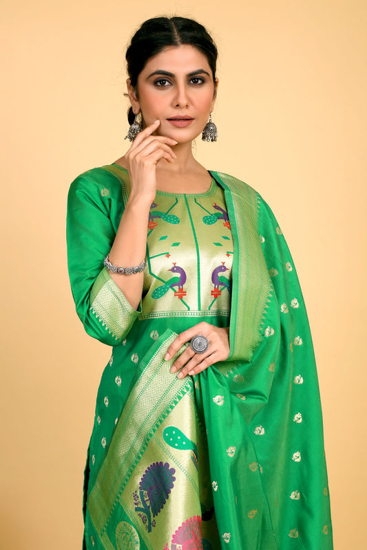 Paithani Silk With Zari Weaving Salwar Suit ( Unstitched ) Green