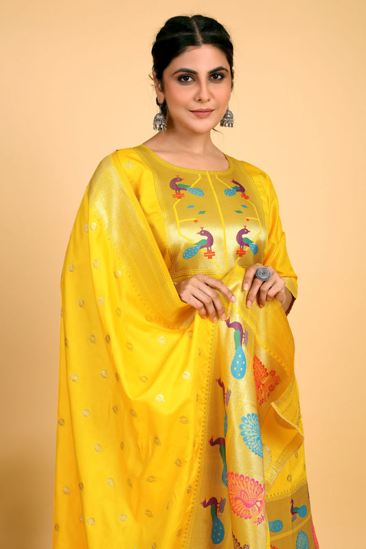 Paithani Silk With Zari Weaving Salwar Suit ( Unstitched ) Yellow