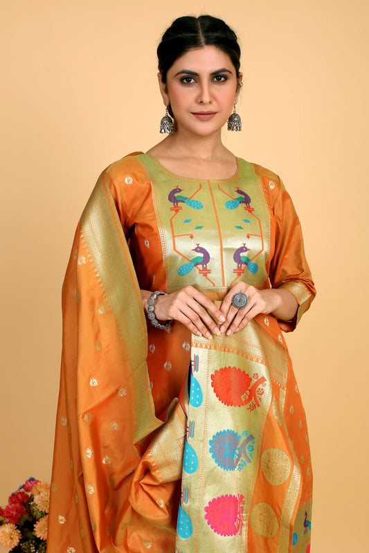 Paithani Silk With Zari Weaving Salwar Suit ( Unstitched ) Orange