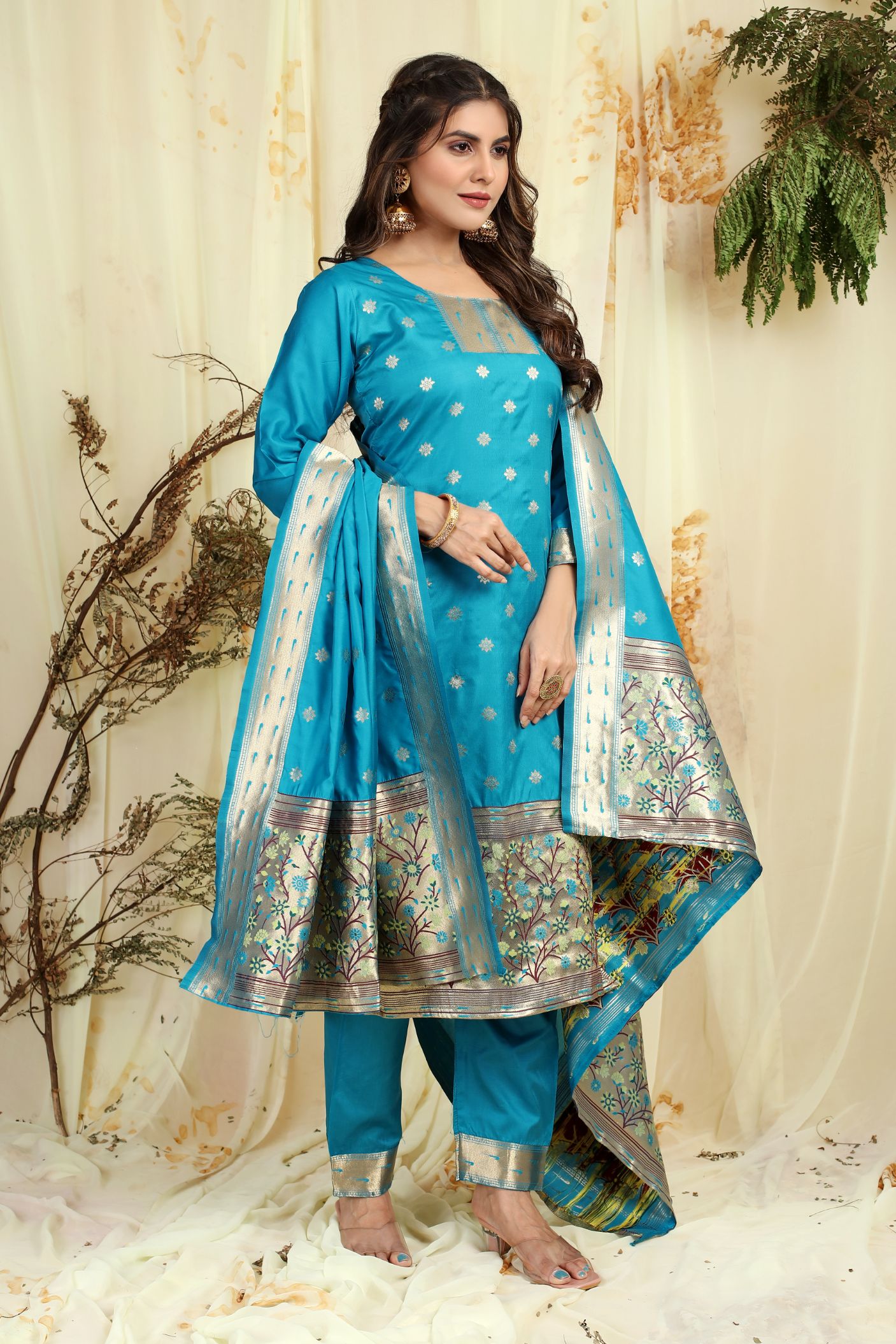 Blue Silk with Patola Designer Foil Print Work Gown