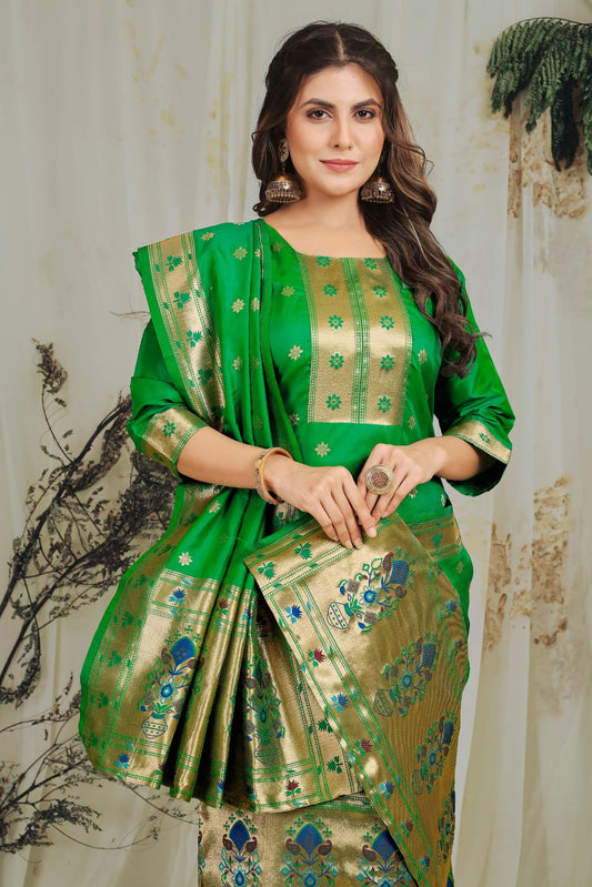 Paithani Silk With Zari Weaving Salwar Suit ( Unstitched ) Green