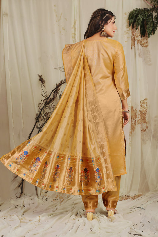 Paithani Silk With Zari Weaving Salwar Suit ( Unstitched ) Orange