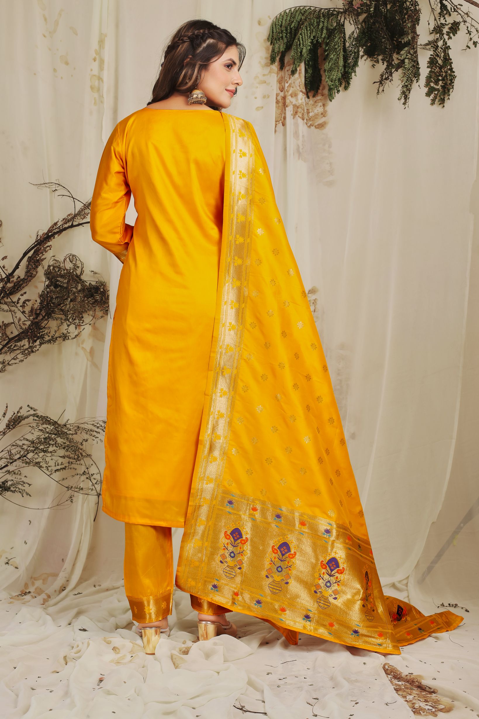 Yellow Color Designer Paithani Silk suits dress material