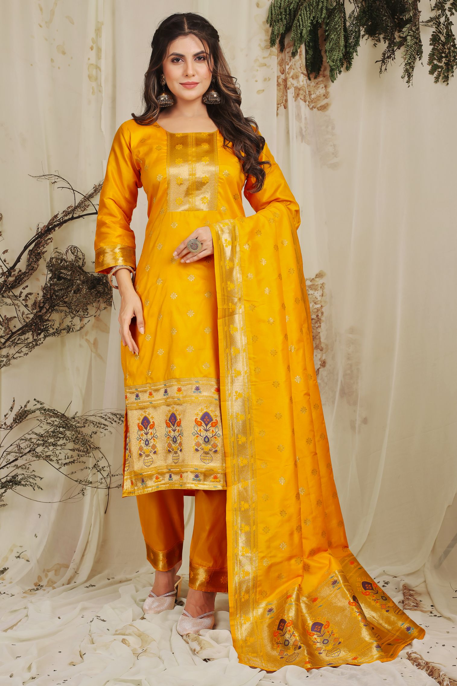 Yellow Color Designer Paithani Silk suits dress material