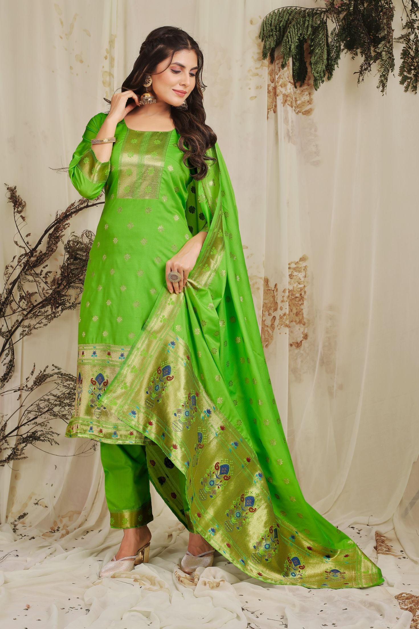 Pista Green Color Designer Paithani Silk suits dress material
