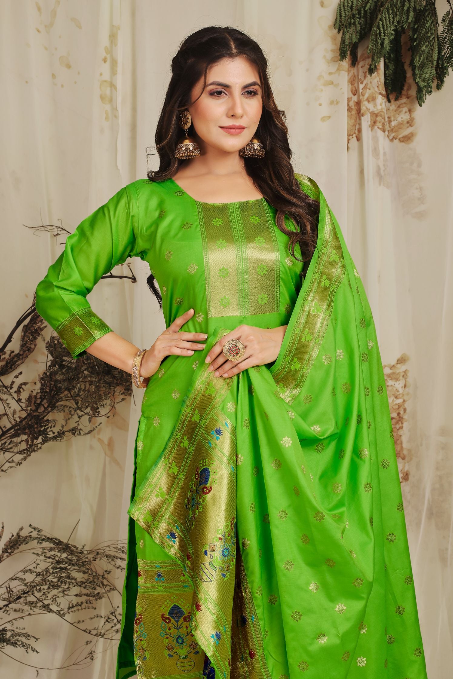Pista Green Color Designer Paithani Silk suits dress material