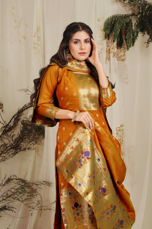 Paithani Silk With Zari Weaving Salwar Suit ( Unstitched ) Orange