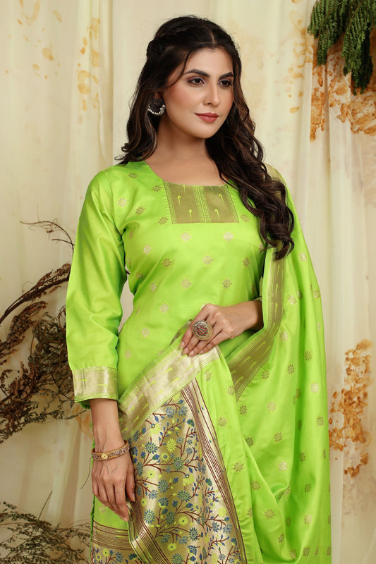 Paithani Silk With Zari Weaving Salwar Suit ( Unstitched ) Lemon