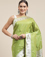 Pista Green Color Pure silk Paithani saree silver zari weaving work With Muniya Bodar And Gorgeous Nath Pallu & Blouse