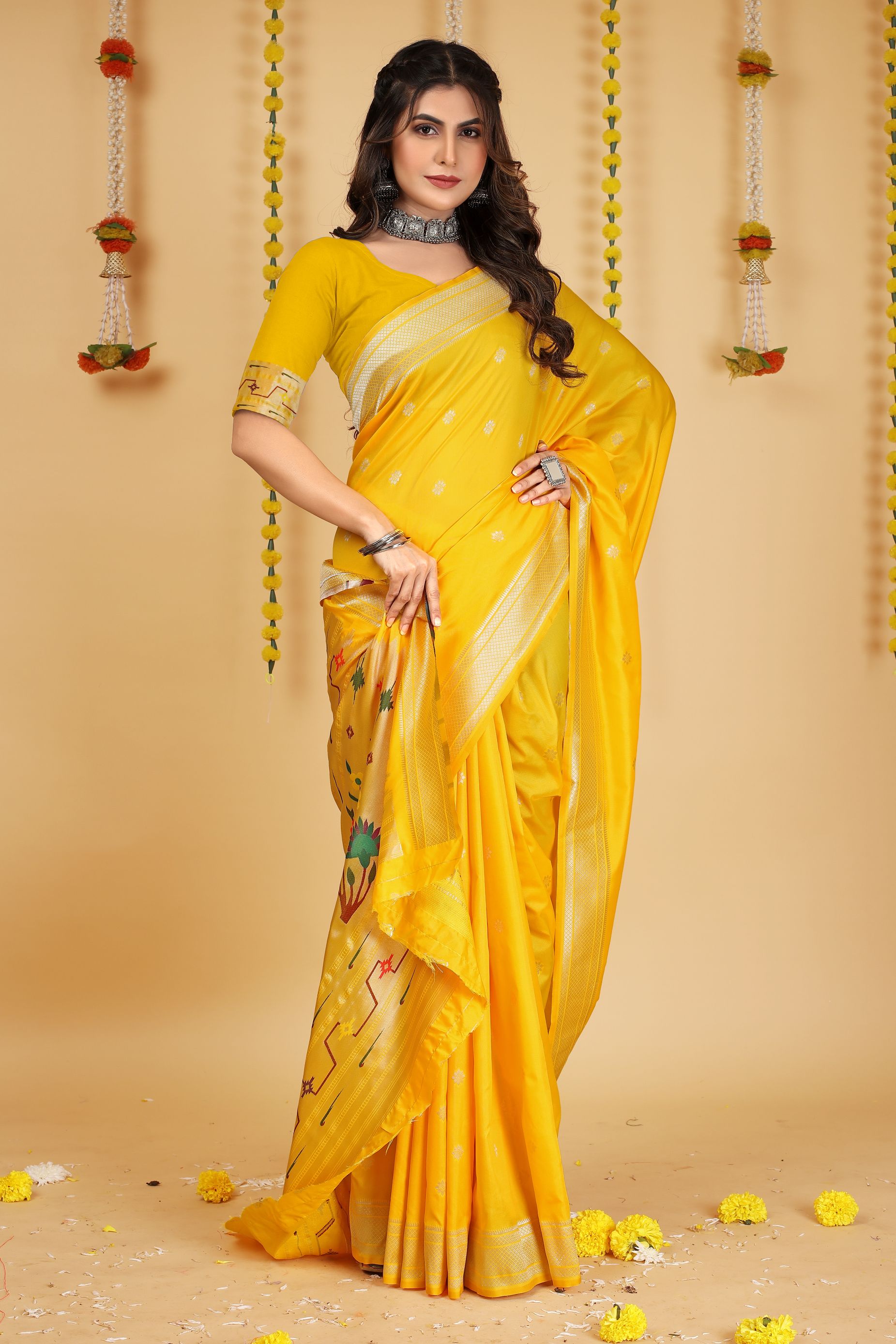 Yellow Color Embellished Paithani Silk Sarees