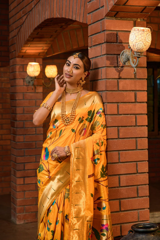 Yellow Toned Artistic Pure Paithani Silk Sarees