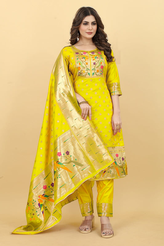 Paithani Silk With Zari Weaving Salwar Suit ( Unstitched ) Yellow