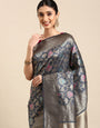 Grey Color Pure Banarasi Silk Sarees And Meenakari Weaving Work With Blouse Pis.