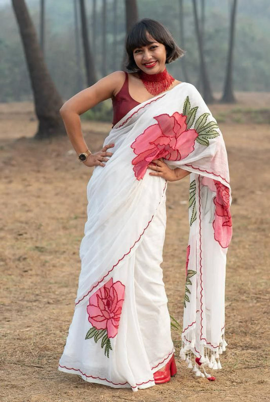 White Color Plain Linen Hand work and Digital Printed Saree With Bangaloiry satin Blouse