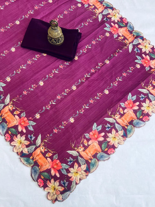 Wine Color Zarna Silk Cut work border Digital Printed Saree With Bangaloiry satin Blouse