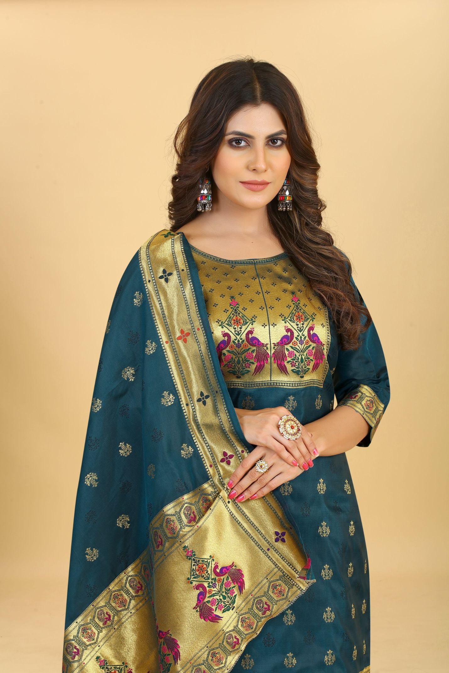 Rama Color silk suits dress material in zari weaving work suits in Paithani Style