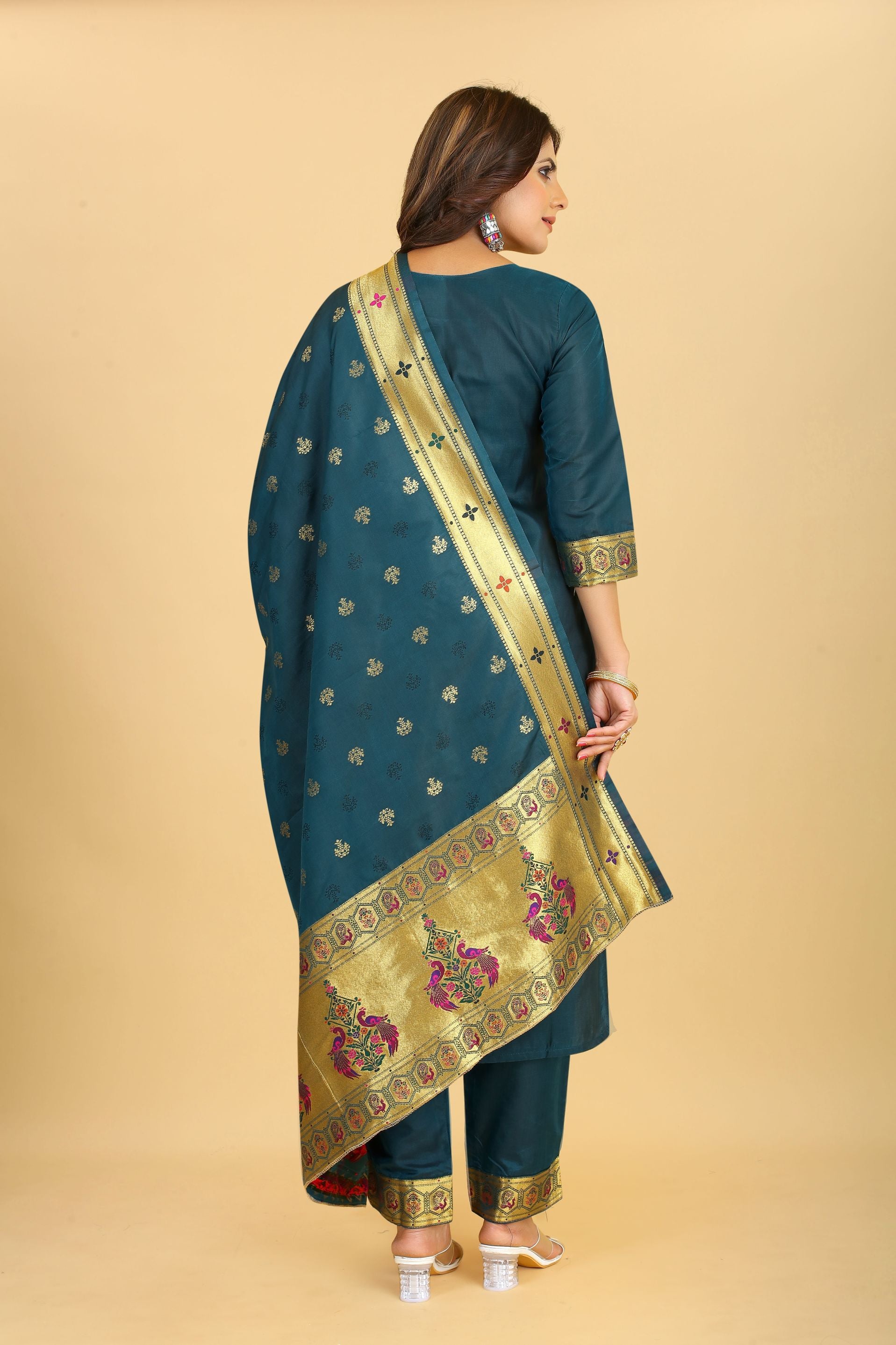 Rama Color silk suits dress material in zari weaving work suits in Paithani Style