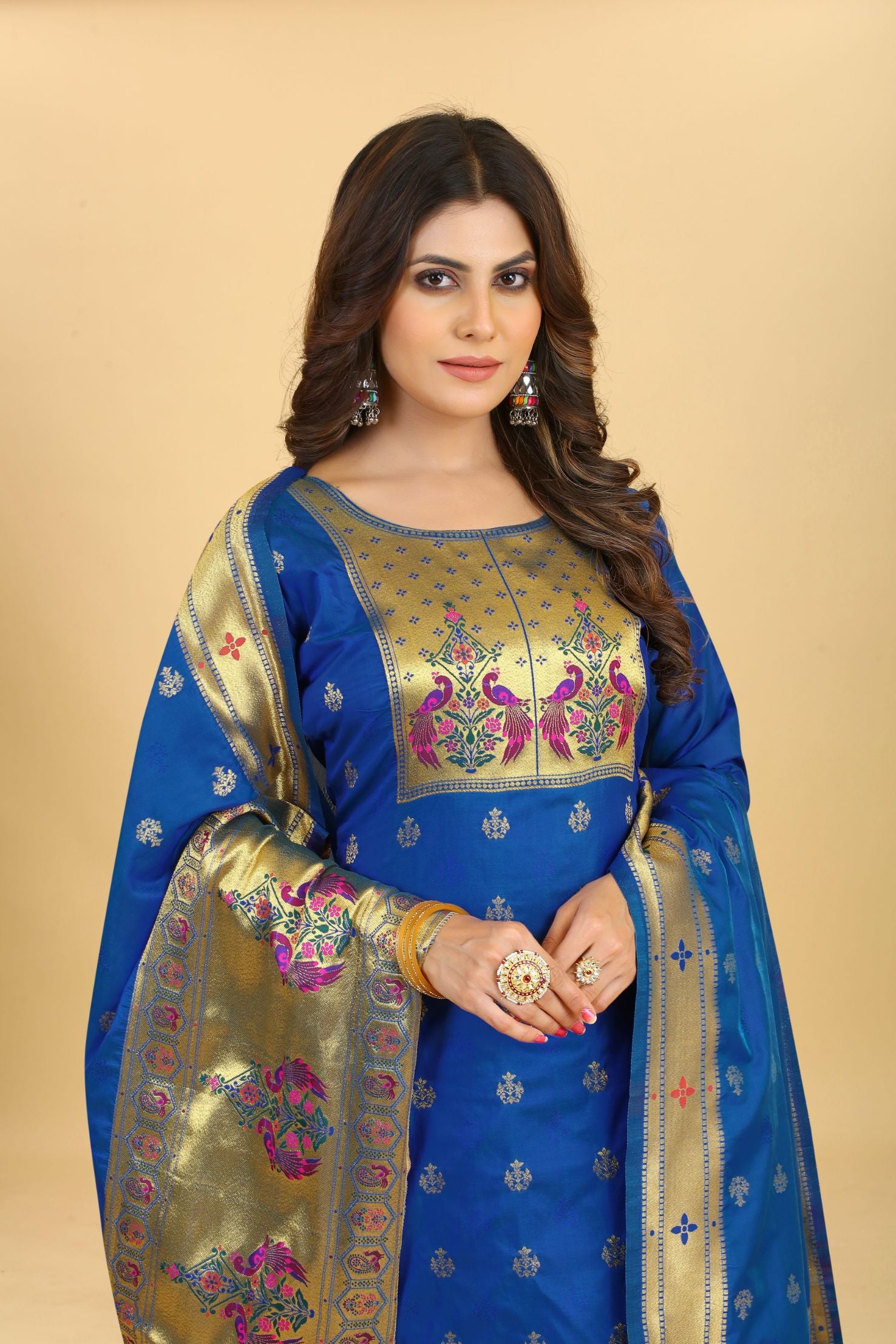 Royal Blue Color silk suits dress material in zari weaving work suits in Paithani Style
