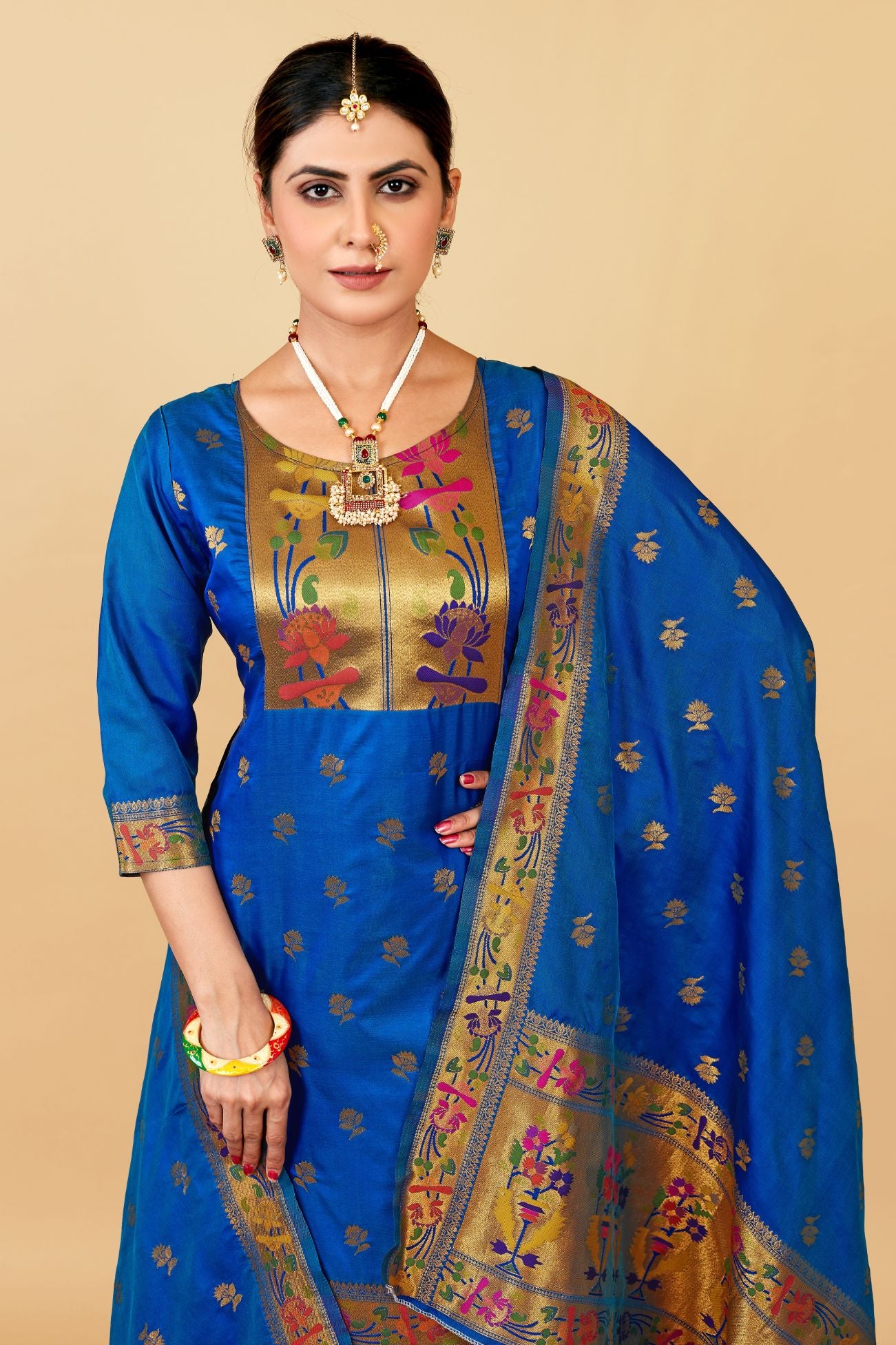 Royal Blue Color Daily Wear dress material for suits in Paithani Style