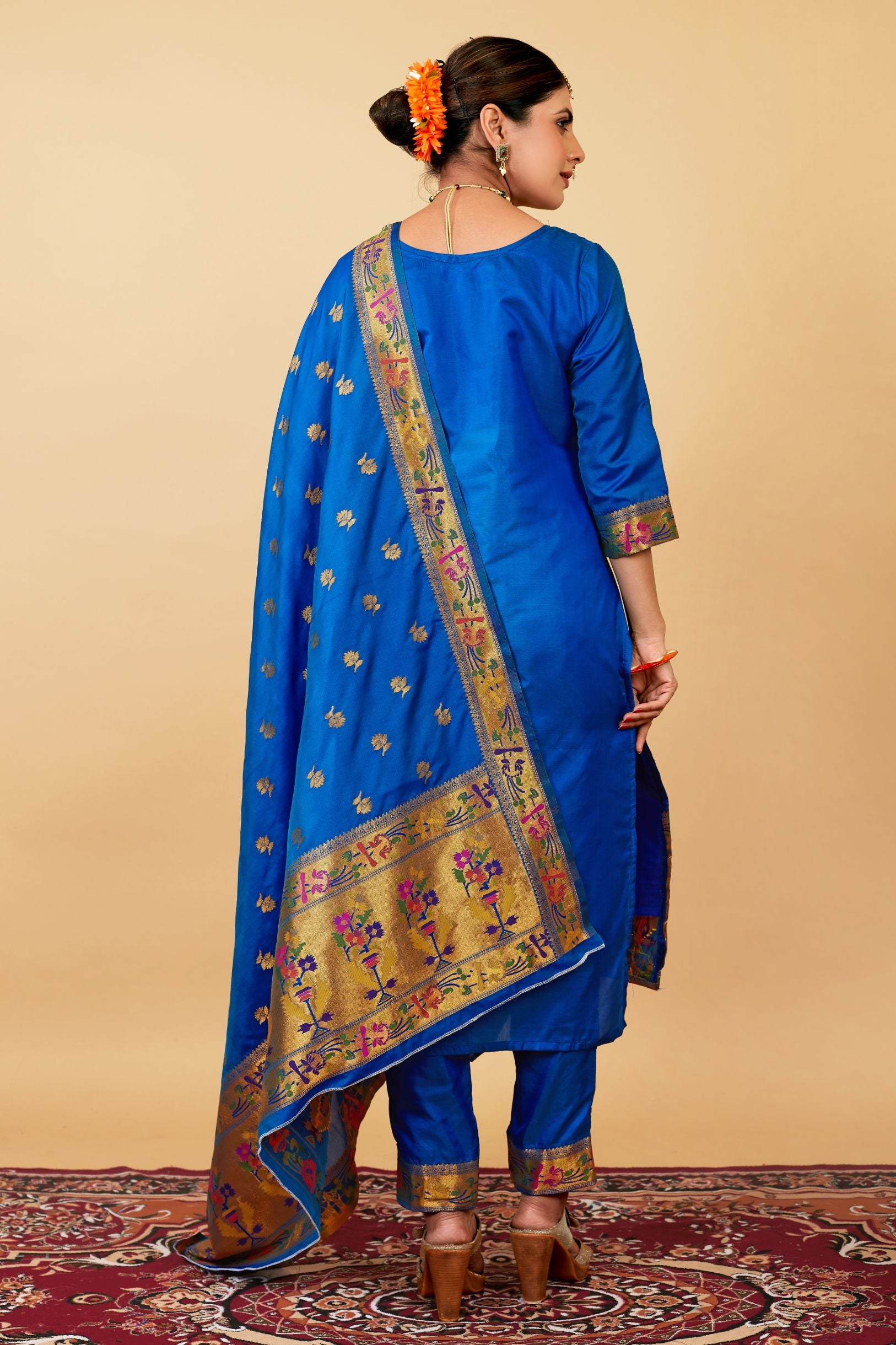 Royal Blue Color Daily Wear dress material for suits in Paithani Style