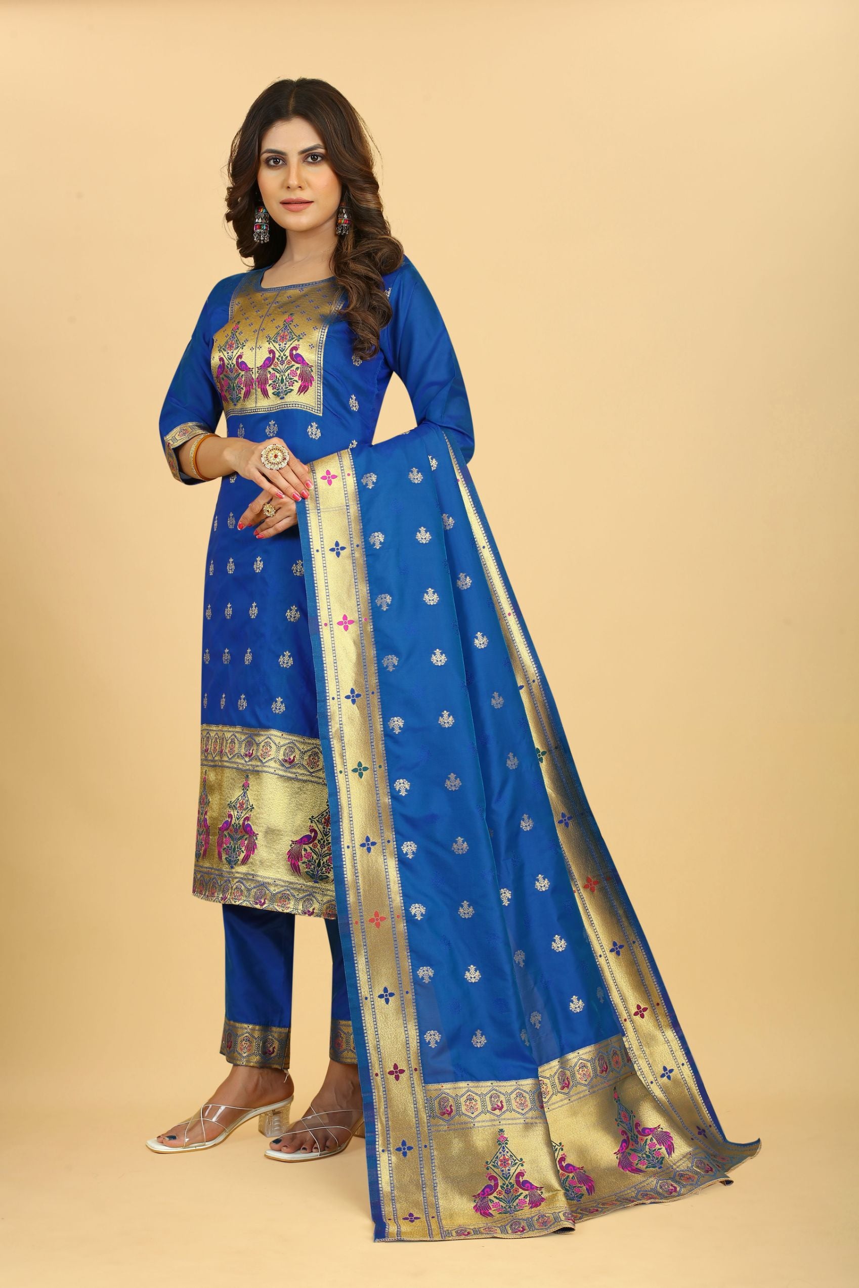 Royal Blue Color silk suits dress material in zari weaving work suits in Paithani Style