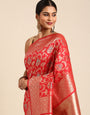 Red Color Pure Banarasi Silk Sarees And Meenakari Weaving Work With Blouse Pis.