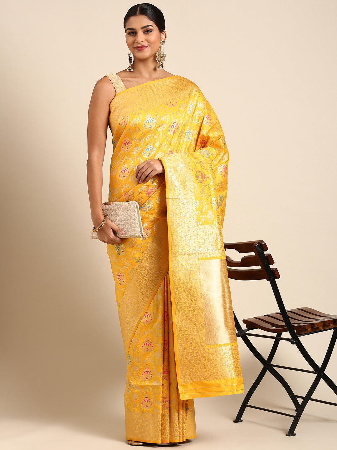 Yellow Color Pure Banarasi Silk Sarees And Meenakari Weaving Work With Blouse Pis.