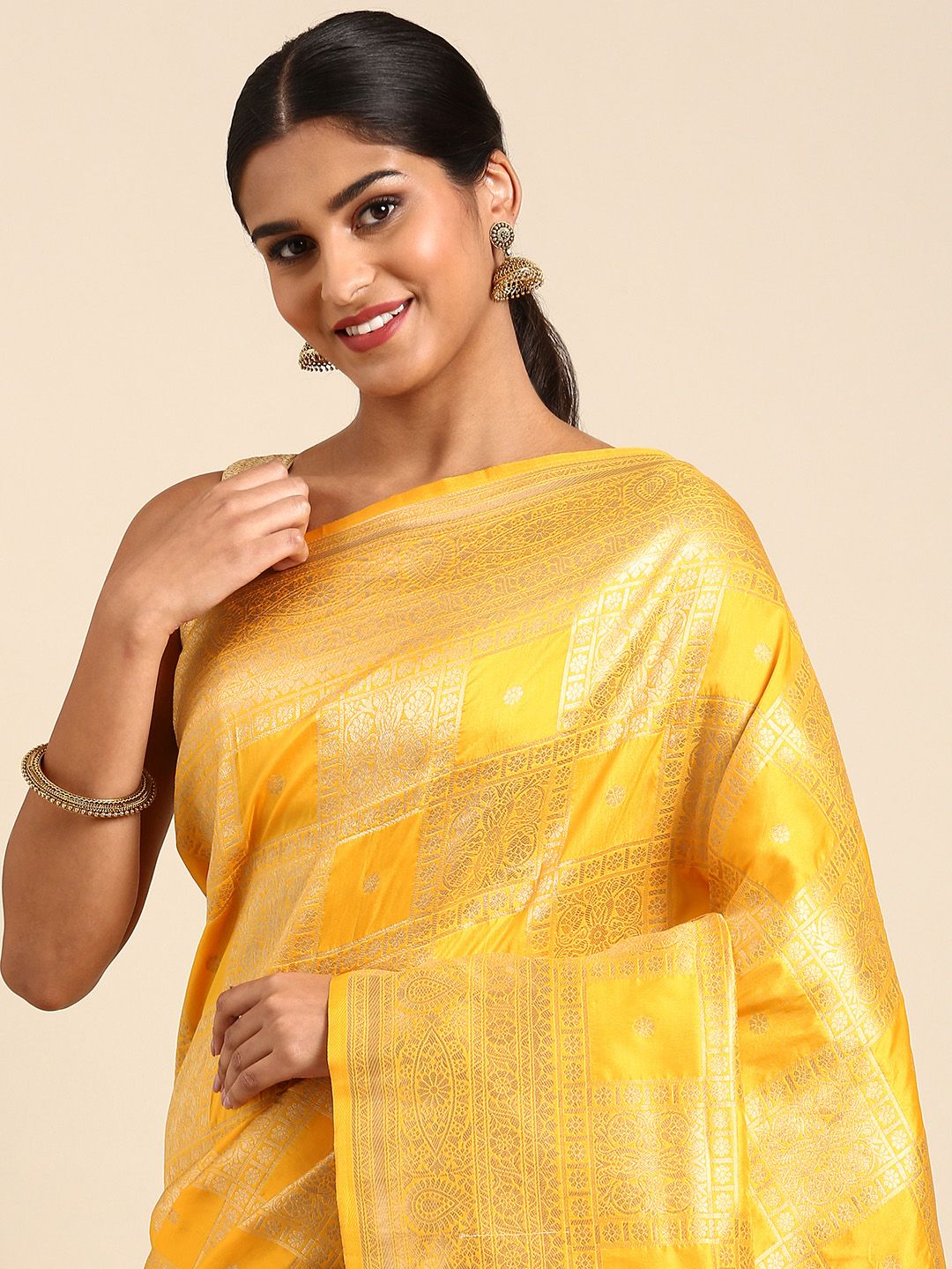 Yellow Color Soft silk Banarasi saree woven design